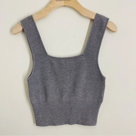 H&M Knit Wool Blend Cropped Sleeveless Top Gray Square Neck S - Picture 1 of 8